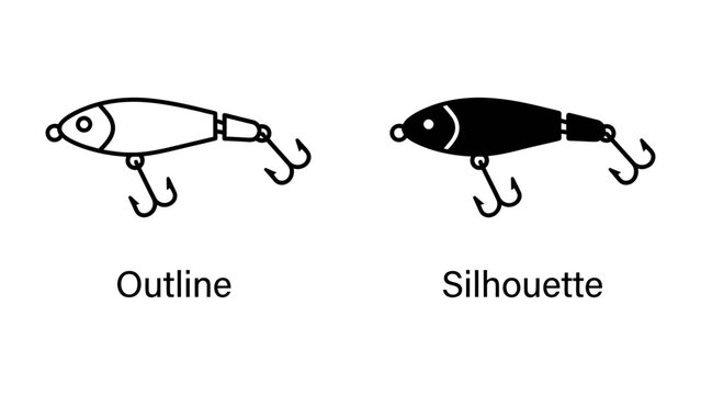 Fishing Lure Outline and Silhouette: Two representations of a fishing lure, one as a clear outline and the other as a solid black silhouette, showcasing its design and form for anglers.