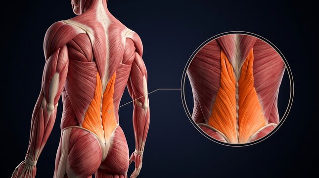 Anatomical illustration of the human back musculature, highlighting the erector spinae muscles in the lumbar region with a detailed magnified view.