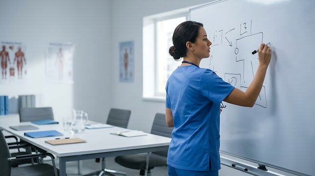 Female doctor writing medical diagram on whiteboard in modern conference room.