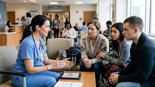 Female nurse explaining medical info to concerned family in hospital lobby.