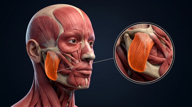 3D anatomical illustration of human head muscles, highlighting the masseter muscle with a magnified view for medical study.