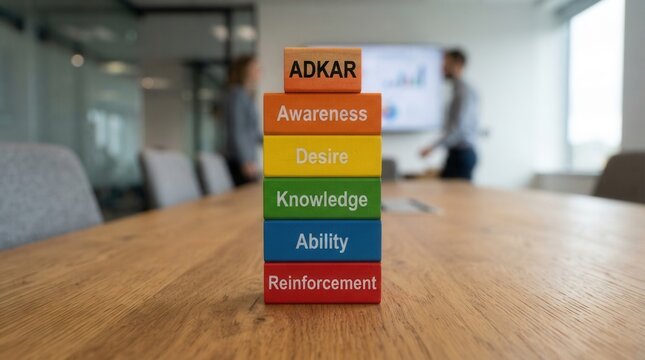 ADKAR Concept Wooden Block on Office Table with model blocks showing awareness desire knowledge ability