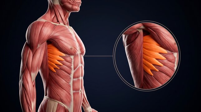 Detailed 3D anatomical illustration of the human torso with a focus on the serratus anterior muscle.