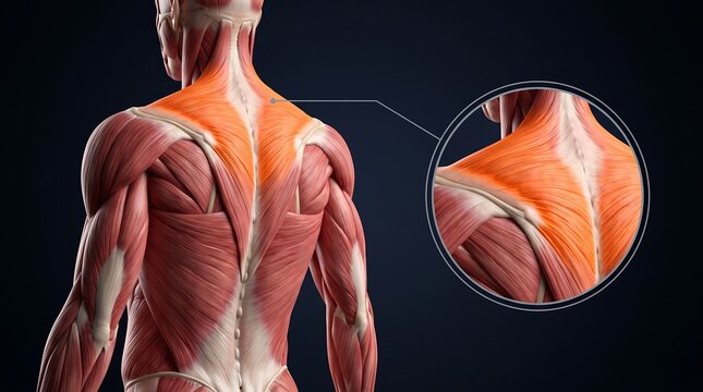 Detailed anatomical illustration of human back muscles with a magnified view of the trapezius and shoulder region.