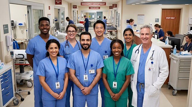 Multi-ethnic medical team standing together in hospital emergency ward