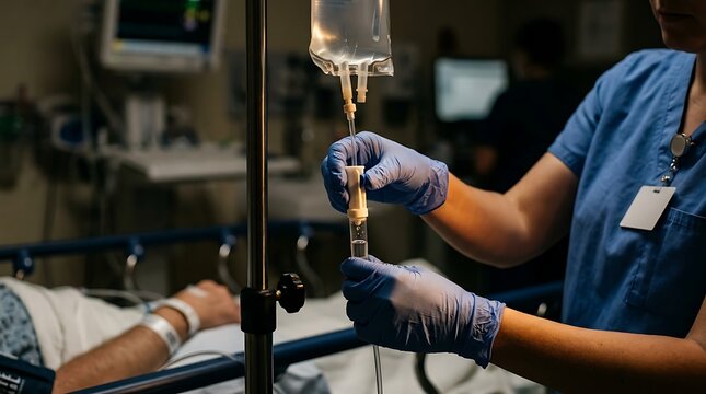 Nurse adjusting intravenous drip bag for patient in hospital room.