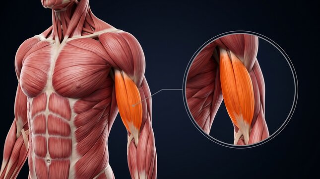 Detailed anatomical illustration of the human male biceps muscle highlighted on the arm and torso, with a zoomed-in view of the muscle.
