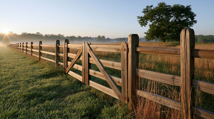Obraz premium Countryside morning fence grass wood sunrise meadow pasture landscape, old wooden gate beside golden grass with misty field, tree, blue sky, calm rural scene