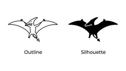 Pterodactyl Outline and Silhouette: Two distinct illustrations of a pterodactyl, one in outline and the other as a solid silhouette, showcase the prehistoric creature's iconic form. © Abdul
