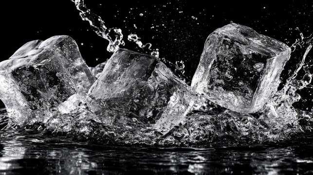 Ice cubes splash in clear water creating dynamic motion with droplets and liquid on a dark background emphasizing contrast and freshness