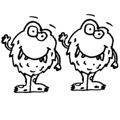 Fototapeta premium Friendly Cute Fluffy Monster Pair Doodle Brush Vector — Black and White Cartoon Creatures with Big Eyes and Sharp Teeth, Hand Drawn Sketch