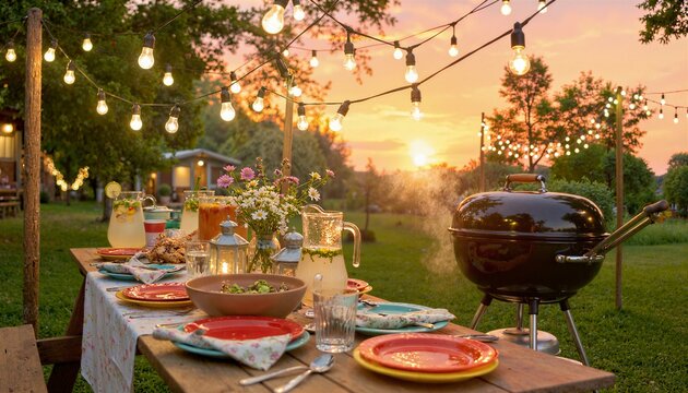 Rustic wood picnic table set with red and teal ceramic plates, wildflower centerpiece, lemonade pitchers, and salad bowls under warm Edison string lights at dusk.