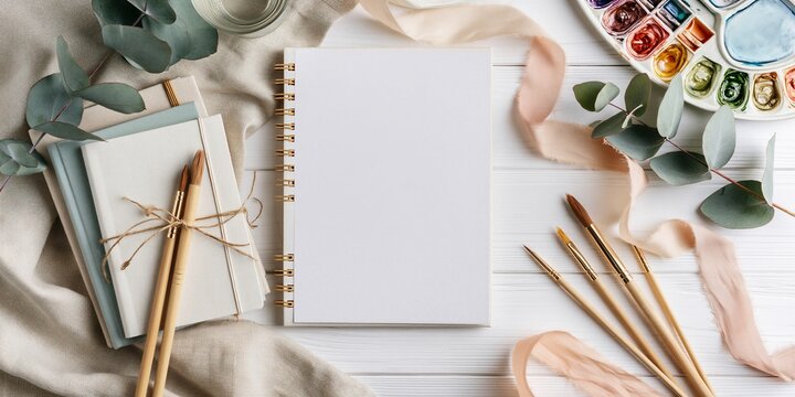 of a creative workspace featuring an open blank spiral notebook, watercolor paint palette, gold-handled brushes, stacked journals, eucalyptus sprigs, and blush silk ribbon on white table