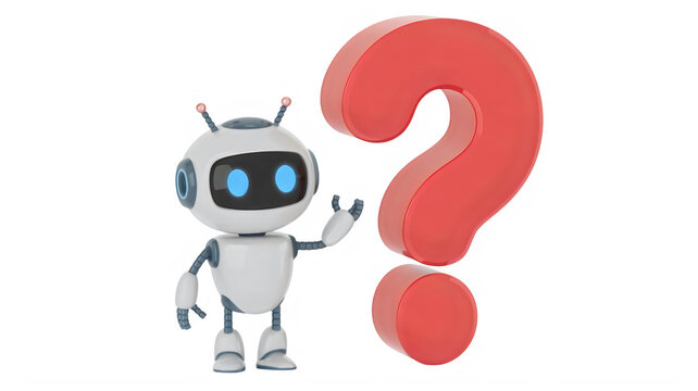 Cute small robot standing next to a large red question mark symbol isolated on transparent background