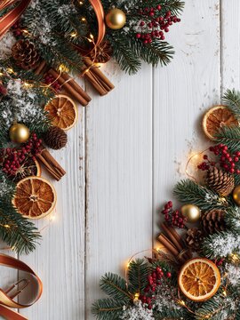 Top-down flat lay of festive holiday garland border on white painted wood planks dusted with snow, featuring dried orange slices, cinnamon bundles, pine cones, red berries, gold baubles