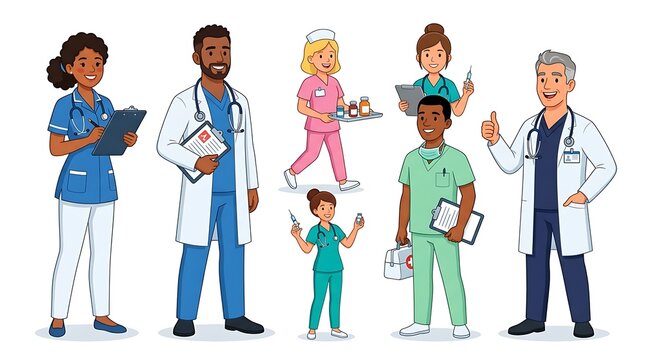 Smiling diverse medical professionals team vector illustration on white background