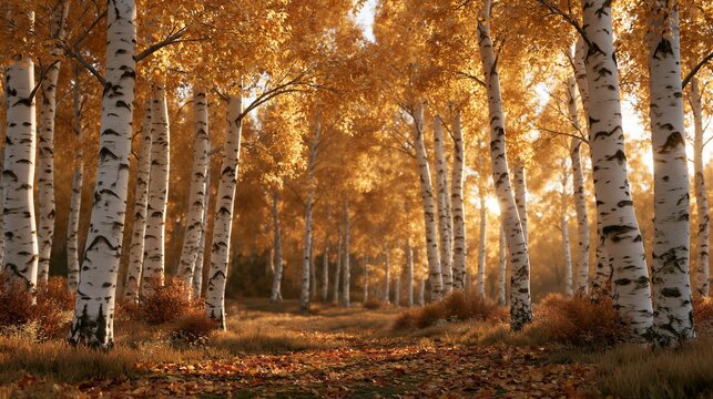White-barked birch trees with distinctive dark markings line a narrow dirt path carpeted in red and orange fallen leaves.