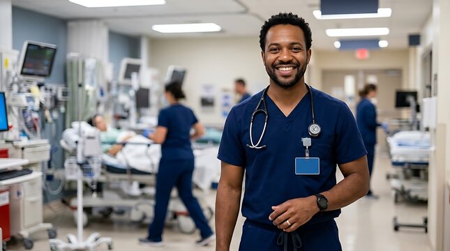 Smiling male nurse in blue scrubs at hospital ward corridor professional healthcare.
