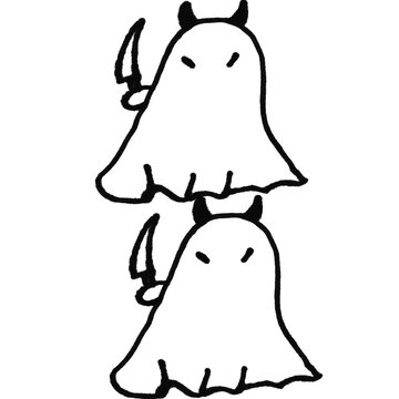 Hand drawn doodle ghost set, two black outline cartoon ghost illustrations with horns and knife stacked vertically on white background, sketch style spooky Halloween icon for design projects

