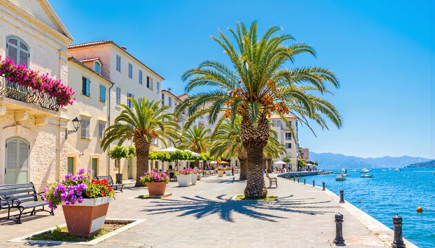 Sun-drenched Mediterranean waterfront promenade with palm trees