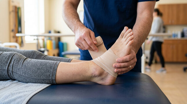 Physiotherapist applying bandage to patient's ankle for injury support