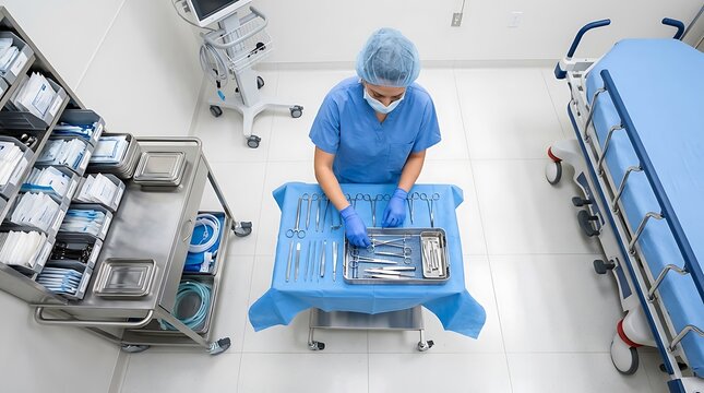 Surgeon preparing sterile surgical tools on table in operating room