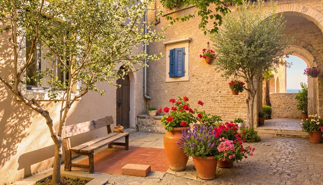 Sunlit Mediterranean Stone Courtyard With Red Geraniums Terra Cotta Pots