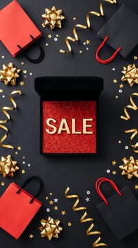 Red Gift Box With Sale Label Surrounded By Decorations