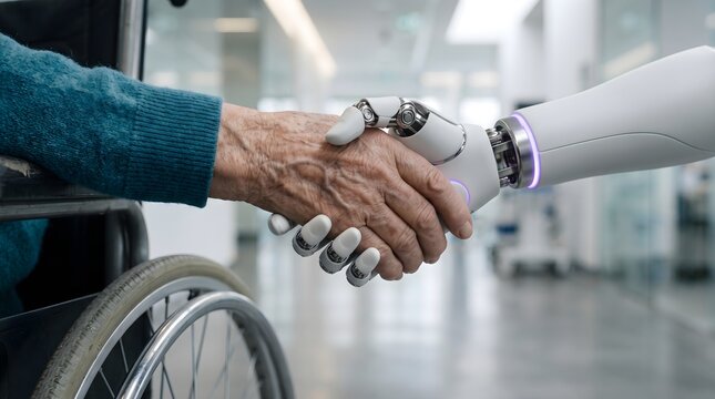 Elderly patient in a wheelchair shaking hands with a futuristic robotic arm in a clinic for innovative healthcare and geriatric digital transformation technology concept.