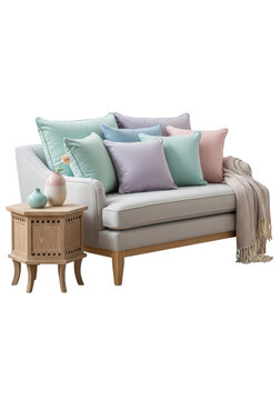 Sofa with colorful cushions and throw.