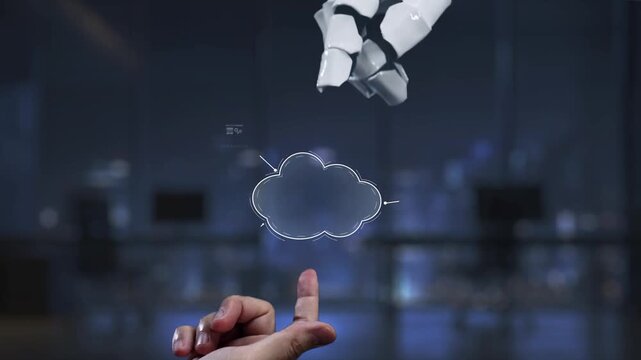 A futuristic scene depicting a robot hand interacting with cloud computing elements, highlighting technology, data management, and automation in a modern office. Synapse