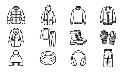 Winter Clothing and Autumn Outerwear Line Icon Set Featuring Down Jacket Coat Sweater Cardigan Beanie Hat Mittens and Boots Symbols © Abdul