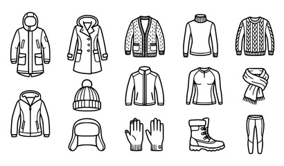 Winter Clothing and Autumn Outerwear Line Icon Set Featuring Down Jacket Coat Sweater Cardigan Beanie Hat Gloves and Boots Symbols © Abdul