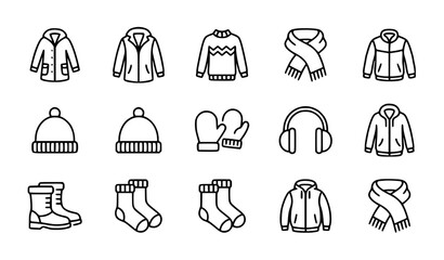 Winter Season Clothes and Warm Apparel Line Icon Set Featuring Parka Jacket Sweater Scarf Beanie Mittens and Boots Symbols for Seasonal Outfits © Abdul