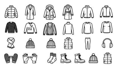 Winter Clothing and Autumn Outerwear Line Icon Set Featuring Down Jacket Coat Sweater Cardigan Beanie Hat Mittens and Boots Symbols © Abdul