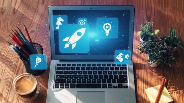 Innovation icons show creativity, teamwork, and project development. Innovation helps organizations design solutions, build strategy, and grow with new business opportunities. Gist