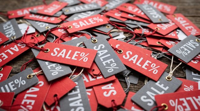Red Sale Tags Piled Together On Wooden Surface