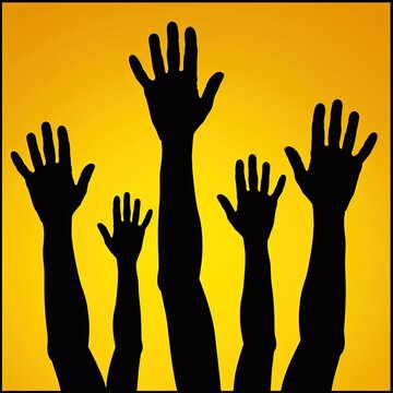 Raised hands silhouette on yellow background