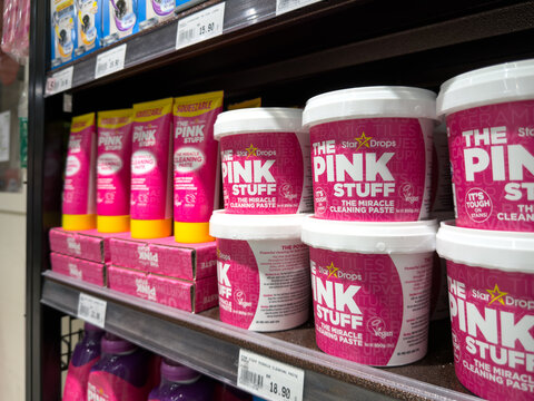 PENANG, MALAYSIA - MAY 25, 2026: The Pink Stuff cleaning paste displayed on supermarket retail shelf.
