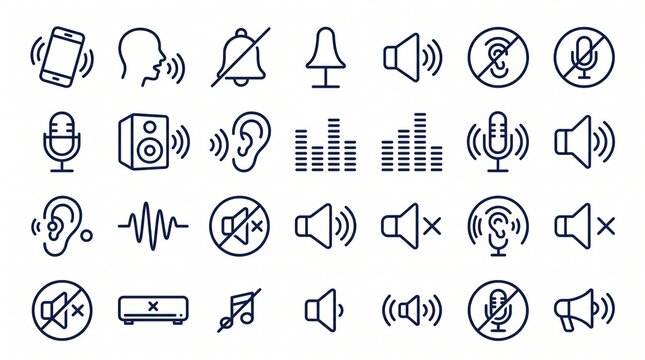 A comprehensive grid set of minimal line icons representing audio, sound controls, microphones, voice recognition, volume levels, and mute settings on a clean white background.