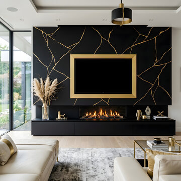 Modern living room interior featuring sleek black walls with intricate gold leaf crack pattern designs inside