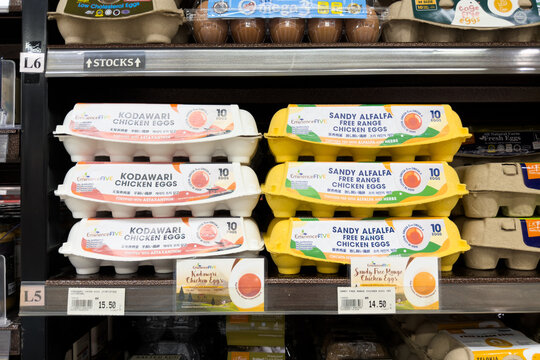 PENANG, MALAYSIA - JUL 03, 2026: Sandy Alfa free range chicken eggs inside supermarket grocery section.