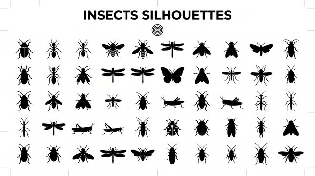 A comprehensive collection of black insect silhouettes featuring beetles, butterflies, ants, bees, dragonflies, and grasshoppers isolated on a white background.
