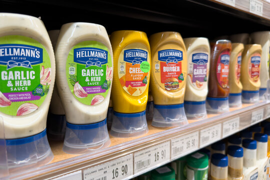 PENANG, MALAYSIA - JUL 06, 2026: Hellmann's sauce and mayonnaise selection displayed on supermarket retail shelf.