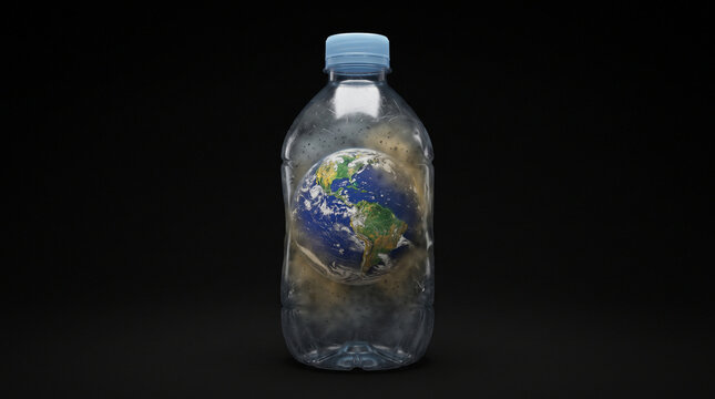 Planet Earth trapped inside a transparent plastic bottle on a dark background symbolizing the global plastic pollution crisis and environmental threat