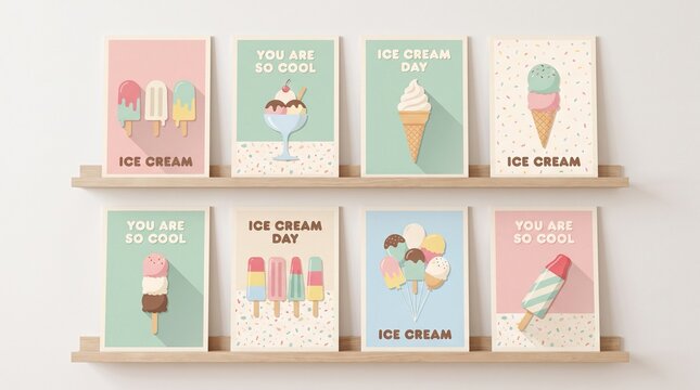 A charming set of vintage-inspired ice cream poster art displayed on wooden floating shelves with cute pastel illustrations and playful text.