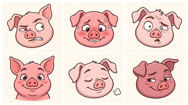 Set of various cartoon pig face expressions with different emotions