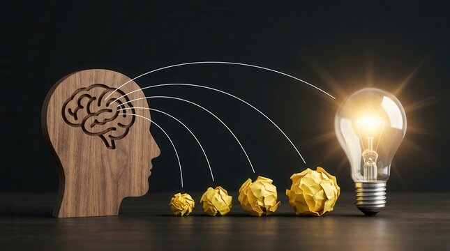 Concept of idea generation showing a wooden head silhouette and crumpled paper becoming a bright lightbulb.