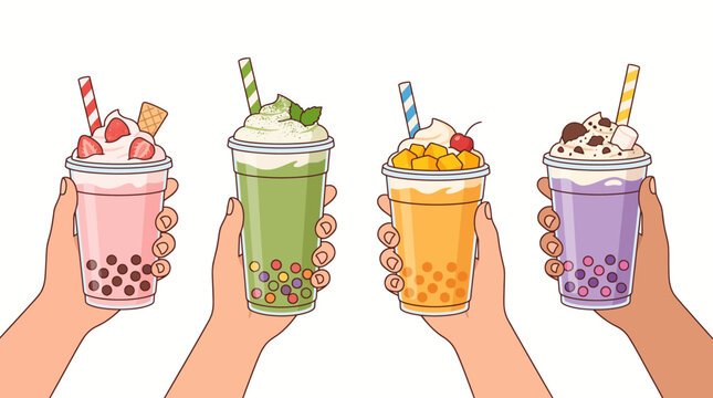 Four hands holding various colorful bubble tea drinks with different flavors and toppings on a white background.