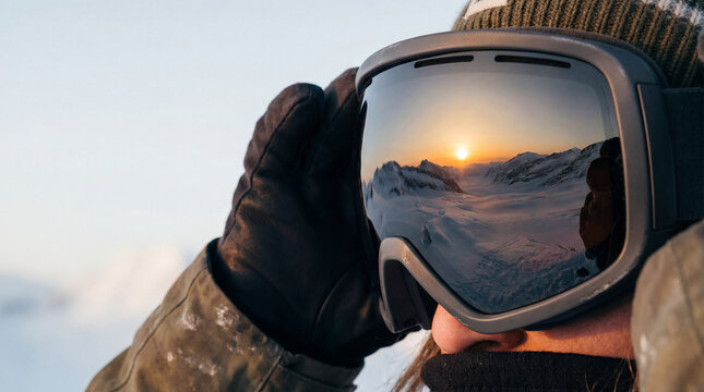 Goggles Reflecting Winter Sunset Over Snow-Covered Mountains